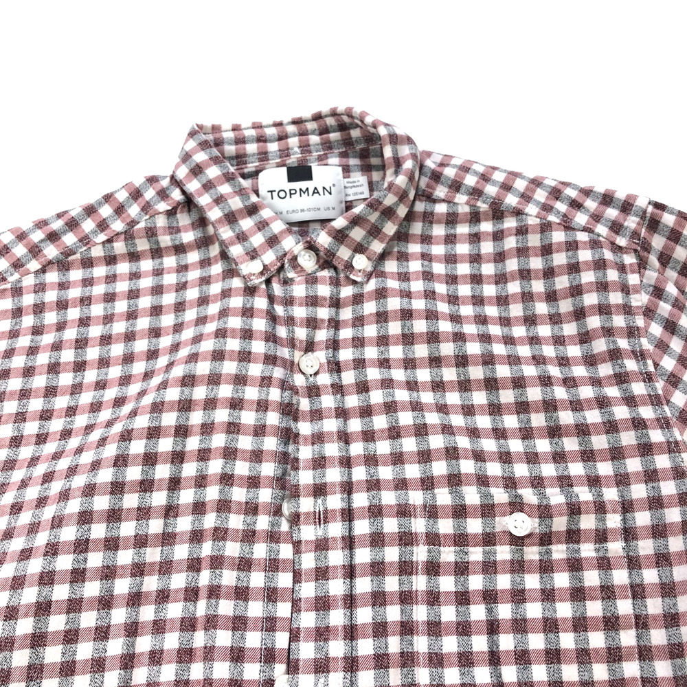 Topman MED Button Short Sleeve Casual Pocket Collared Shirt Check Red Gray